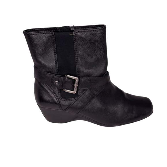 Anne Klein Sport Wedge Booties Women Sz 9 Montague Black Leather Silver Buckle - Picture 1 of 15